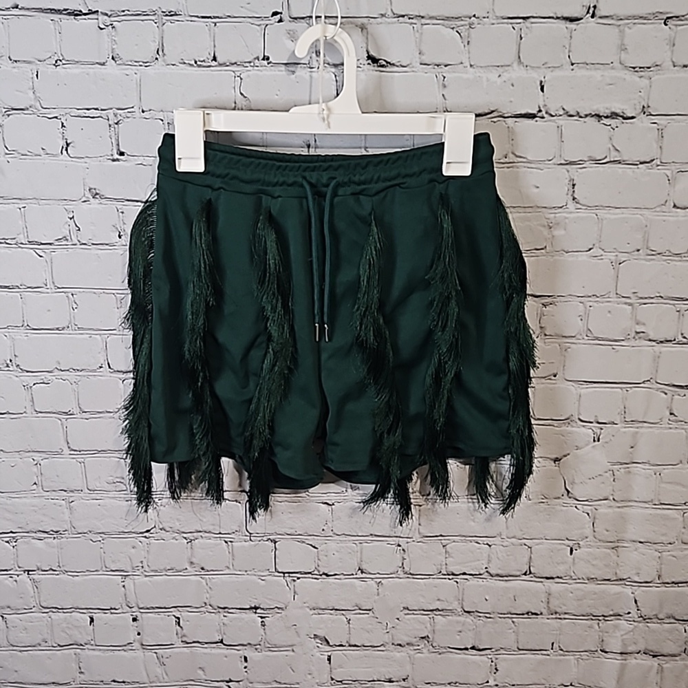 Emerald green fringe shorts